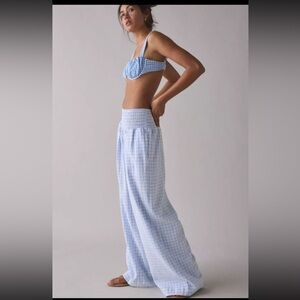Wide Leg Gingham Pants in Light Blue NWOT